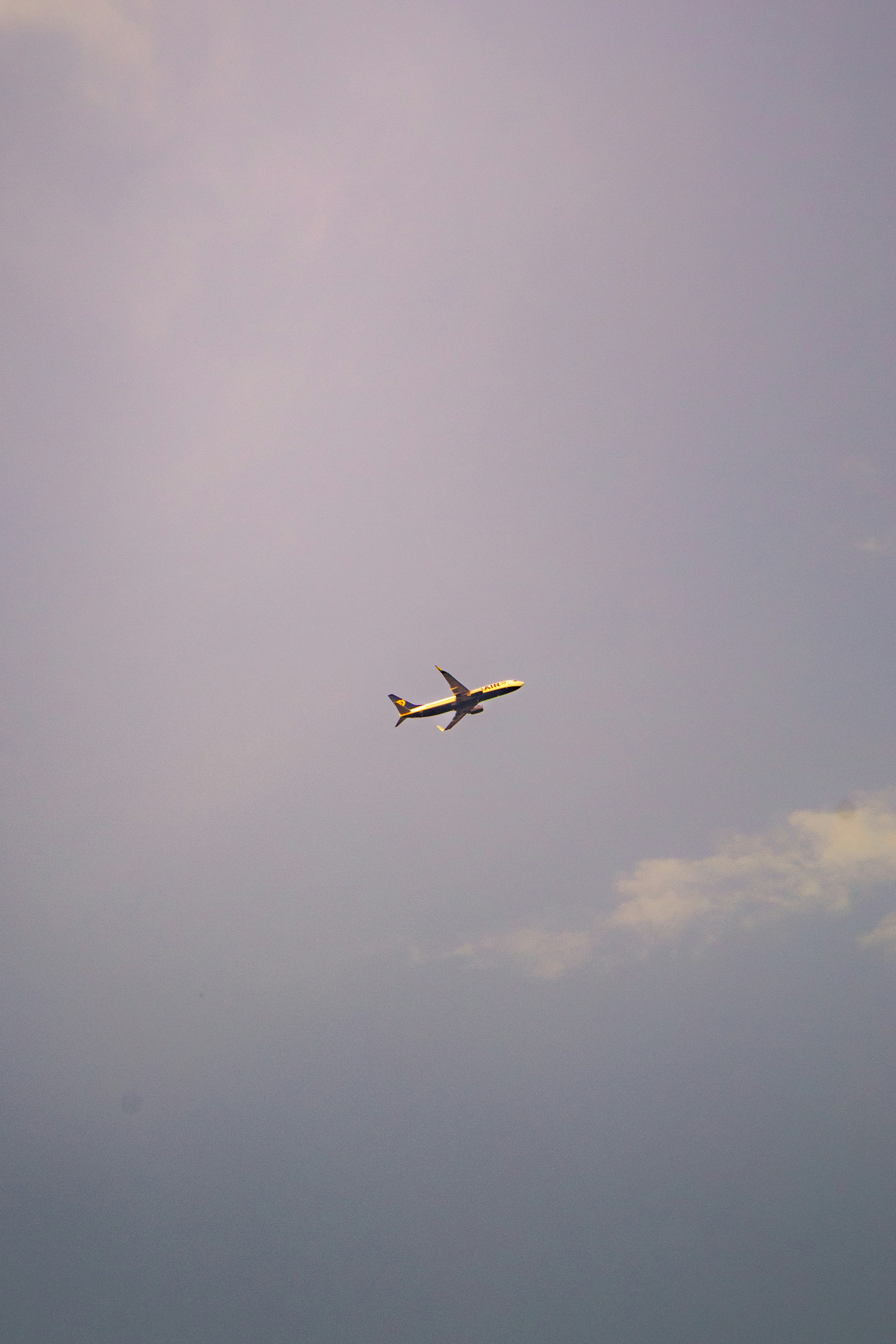 An airplane flies high in the cloudy sky.